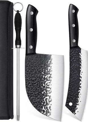 Golden Bird Butcher Knife Set - 4pcs Hand Forged Meat Cleaver Knife & Serbian Chef Knives & Sharp Viking Knives for Meat Cutting, Camping, BBQ, Christmas Gifts for Men Women