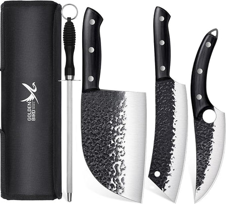 Golden Bird Butcher Knife Set - 4pcs Hand Forged Meat Cleaver Knife & Serbian Chef Knives & Sharp Viking Knives for Meat Cutting, Camping, BBQ, Christmas Gifts for Men Women