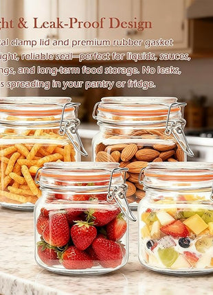 Encheng 25 oz Glass Jars With Airtight Lids And Leak Proof Rubber Gasket,Wide Mouth Mason Jars With Hinged Lids For Kitchen Canisters 750ml, Glass Storage Containers 6 Pack