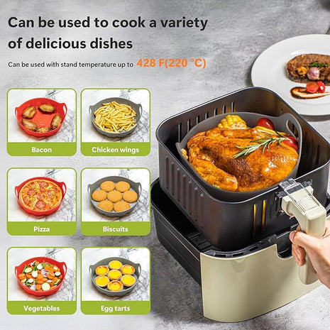 Li&Zhao Silicone Air Fryer Liners Reusable - 2 PCS Round Air Fryer Inserts Accessories 4 to 7 Qt Silicone Liners for Basket(Red & Gray)