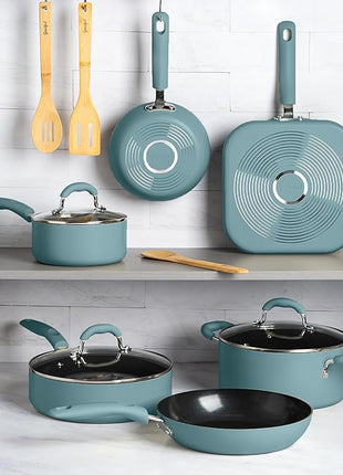 Goodful Ceramic Nonstick Pots and Pans Set, Premium Ceramic Coating Made without PFOA, PTFE or PFAS, Dishwasher Safe, 12-Piece, Turquoise