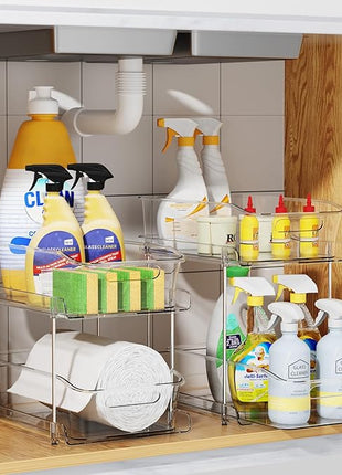 Delamu 2-Tier Under Sink Organizers and Storage, Multi-Purpose Stackable Bathroom Cabinet organizers, Pull Out Kitchen Pantry Organization and Storage with Dividers(2 Pack, Clear)