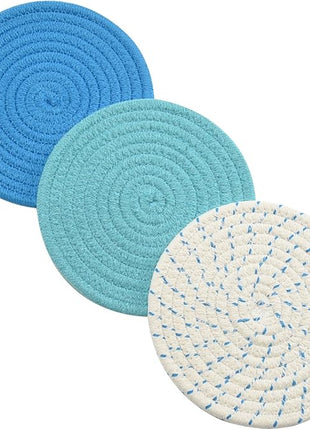 Kitchen Pot Holders Set Trivets Set 100% Pure Cotton Thread Weave Hot Pot Holders Set (Set of 3) Stylish Coasters, Hot Pads, Hot Mats, Spoon Rest for Cooking and Baking by Diameter 7 Inches (Blue)