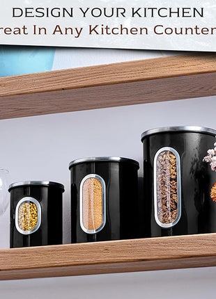 Moss & Stone 3-Piece Black Canisters Sets For The Kitchen, Airtight Canister Set With See Through Window, Storage Jars for Coffee Container, Tea Organizer & Sugar Canister, Black Kitchen Canisters