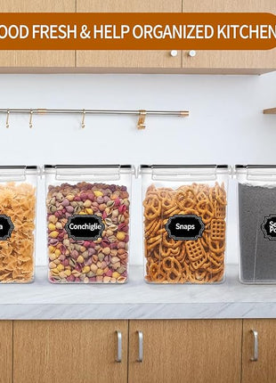 4 Pack Large Airtight Food Storage Containers with Lids (5.2L / 176oz), BPA Free Plastic Kitchen and Pantry Organization Contianers for Cereal Flour and Sugar Storage, Labels & Marker