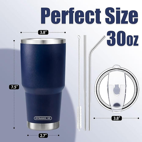 D·S 30 oz Navy Tumbler Stainless Steel Double Wall Vacuum Insulated Mug with Straw and Lid, Cleaning Brush for Cold and Hot Beverages