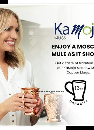 Copper Cups Set of 2 with Unique Handcrafted Embossed Design with Anti-Tarnish Food-Grade Coating - Moscow Mule Copper Mugs Gift Set with 2 Straws & Recipe E-Book, 16 oz