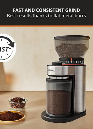 KRUPS Flat Burr Coffee Grinder Electric, 18 Adjustable Grind Settings, 2-20 Cups per Grind, Single Touch, Coffee Bean and Spice Grinder, Stainless Steel, Black
