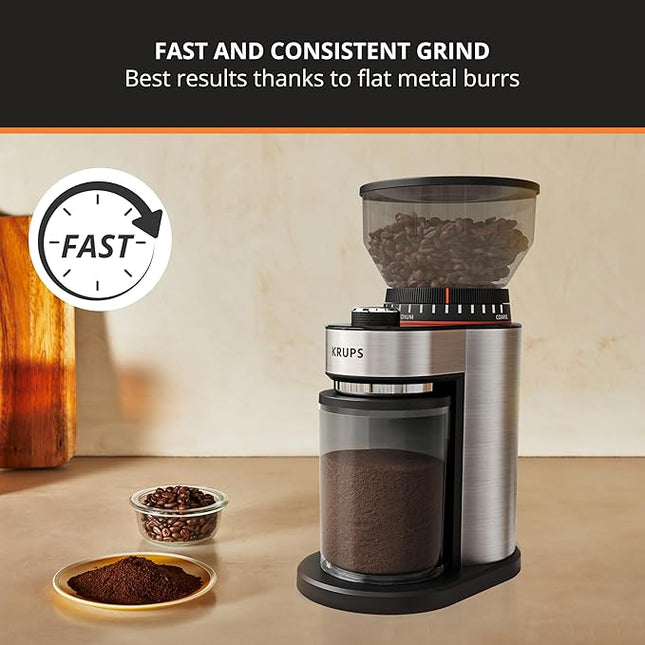 KRUPS Flat Burr Coffee Grinder Electric, 18 Adjustable Grind Settings, 2-20 Cups per Grind, Single Touch, Coffee Bean and Spice Grinder, Stainless Steel, Black