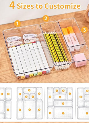 SMARTAKE 28 Piece Drawer Organizers with Non-Slip Silicone Pads, 4-Size Desk Drawer Organizer Trays Storage Tray for Makeup, Jewelries, Utensils in Bedroom Dresser, Office and Kitchen, Clear