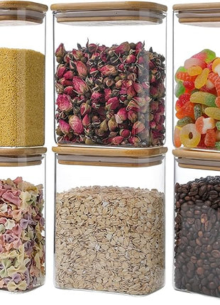 Liuruiyu Glass Storage Jars 12 * 8cm [Set of 6],Clear Glass Food Storage Containers with Airtight Bamboo Lid Stackable Kitchen Canisters for Candy,Cookie,Rice,Sugar,Flour,Pasta(Square)