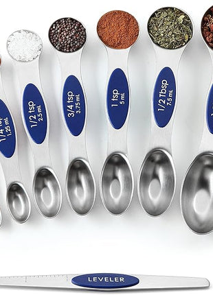 Spring Chef Stainless Steel Magnetic Measuring Spoons Set of 8 with Leveler, Heavy Duty Teaspoon & Tablespoon Measuring Spoons With Strong N45 Magnets, Kitchen Gadgets for Baking & Cooking - Sapphire