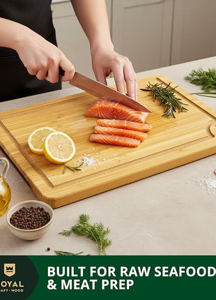ROYAL CRAFT WOOD Wooden Cutting Boards for Kitchen Meal Prep & Serving - Bamboo Wood Serving Board with Deep Juice Groove Side Handles - Charcuterie & Chopping Butcher Block for Meat