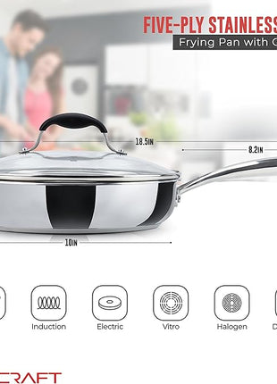 AVACRAFT 18/10 10 Inch Stainless Steel Frying Pan with Lid, Side Spouts, Induction, Versatile Stainless Steel Skillet