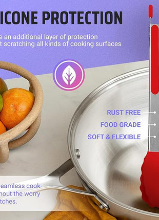 Kaluns Kitchen Tongs for Cooking Grilling Set of 4, BBQ Grill Tongs With Silicone Tip Stainless Steel Heat Resistant, Non-stick Pull Lock, Incl 7, 9, 12 Inch Tong Plus a Silicone Spatula