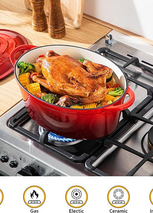 Velaze 7.5 QT Enameled Oval Dutch Oven Pot with Lid, Cast Iron Dutch Oven with Dual Handles for Bread Baking, Cooking, Frying, Non-stick Enamel Coated Cookware (RED)