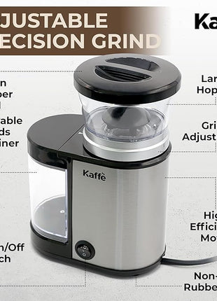 Kaffe Electric Burr Coffee Grinder (5.5oz) w/Adjustable Precise Coarseness Settings - Flat Burr - [Improved Motor] - Precision Coffee Bean Grinder for Home Use - Stainless Steel