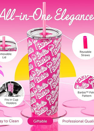 Dragon Glassware x Barbie 24 oz Insulated Stainless Steel Tumbler with Lid and 2 Straws - Travel Coffee Tumbler Cup to Keep Drinks Hot or Cold, Fits Cup Holders - Palm Trees