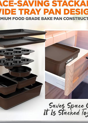 NutriChef 8-Piece Nonstick Stackable Bakeware Set - PFOA, PFOS, PTFE Free Baking Tray Set w/Non-Stick Coating, 450°F Oven Safe, Round Cake, Loaf, Muffin, Wide/Square Pans, Cookie Sheet (Brown)