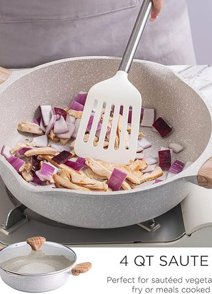 Country Kitchen Non-Stick Cast Aluminum Cookware Set - Durable Kitchen Cookware for Everyday Cooking, Speckled Cream, 6 Pc.