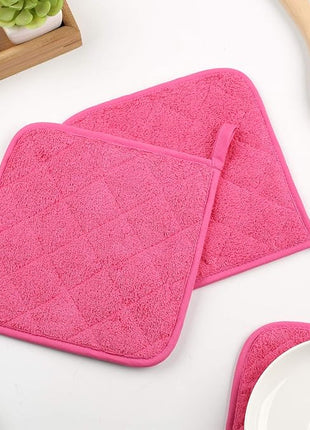 100% Cotton Kitchen Everyday Basic Terry Pot Holder Heat Resistant Coaster Potholder for Cooking and Baking Set of 5 (Dark Pink, Potholder)