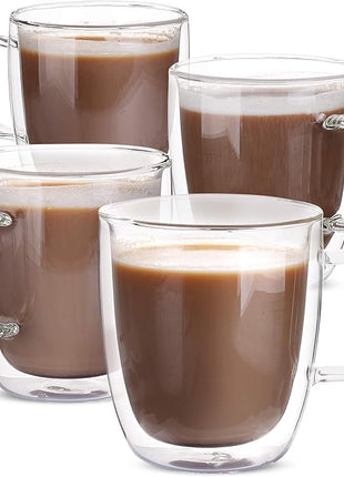 BTaT- Double Wall Glass Coffee Mugs, 12 oz, Set of 4, Clear Latte Cups, Insulated, Christmas Gifts