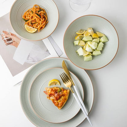 RINGAR Round Stoneware 16pc Double Bowl Dinnerware Set for 4, Dinner Plates, Side Plates, Cereal Bowls, Pasta Bowls - Speckle Matte White (405878)