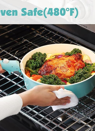 SENSARTE 17 Piece Ceramic Pots and Pans Set, Nonstick Detachable Handle Cookware, Induction Kitchen Cookware Set with Removable Handle, Dishwasher ＆ Oven Safe (Turquoise)