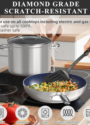 Nuwave Healthy Duralon Blue Ceramic Nonstick Cookware Set, Diamond Infused Scratch-Resistant, PFAS Free, Dishwasher & Oven Safe, Induction Ready & Evenly Heats, Tempered Glass Lids & Stay-Cool Handles