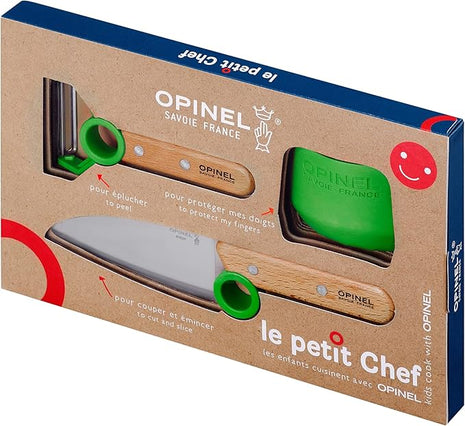 OPINEL Le Petit Chef Complete 3 Piece Kitchen Set, Chef Knife with Rounded Tip, Fingers Guard, Peeler, For Children and Teaching Food Prep and Kitchen Safety, Made in France (GREEN)