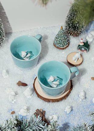 DIHOclub Skiing Polar Bear Ceramic Cup Hidden Animal Inside Mug Cute Cartoon Handmade Figurine Mugs,Holiday and Birthday Gift for Coffee Milk Tea Lovers,12 OZ(Blue White)