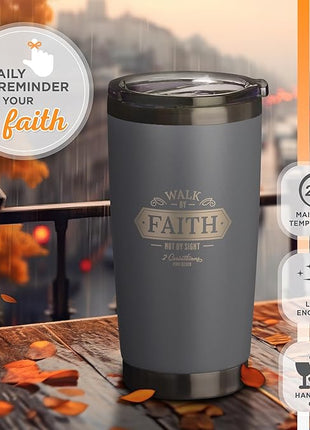 Christian Art Gifts Stainless Steel Double Wall Vacuum Insulated Travel Mug 18 oz Gray Bible Verse Tumbler with Retractable Lid for Men & Women - Walk by Faith - 2 Corinthian 5:7