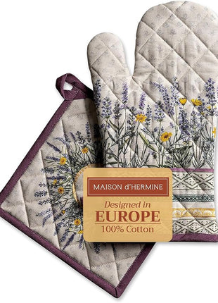 Maison d' Hermine 100% Cotton Oven Mitt & Pot Holder Set (7.5"x13" & 8"x8") Heat Resistant BBQ Cooking Gloves with Loop, Baking, Grilling, Kitchen, Handling Hot Pans Spring/Summer (Fanny Lavender)