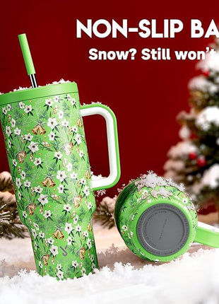 Meoky 40 oz Christmas Tumbler with Handle and Straw, Xmas Tumbler with Lid and Straw, Insulated Stainless Steel Travel Mug, Christmas Gifts for Women Men Adults (Jingle Bloom)