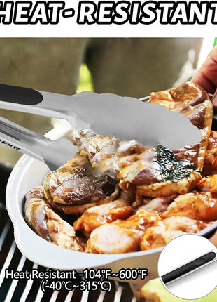 Anaeat 3 Pack 7" Mini Stainless Steel Cooking Tongs - Sturdy Coiled Spring Locking Kitchen Food Tong with Non-Slip Silicone Grip for Serving, Cooking, Baking - Heat Resistant up to 480°F (Black)