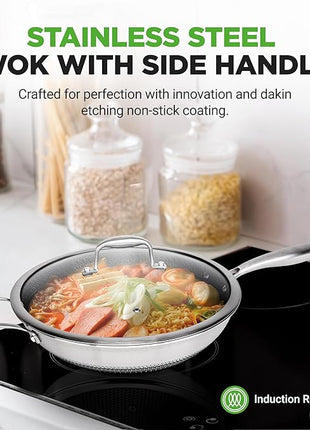 NutriChef 12" Stainless Steel Wok - Induction ready, Non Stick Tri-ply technology, Scratch-resistant Honeycomb Fire Textured Pattern