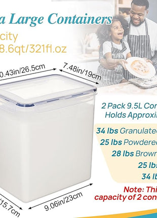 Vtopmart 9.5L 2 Pack Extra Large Flour Sugar Storage Containers for 25lbs flour, Airtight Kitchen Pantry Organization Canisters with Lids for Bulk food, Rice, Baking Supplies, BPA Free, Black