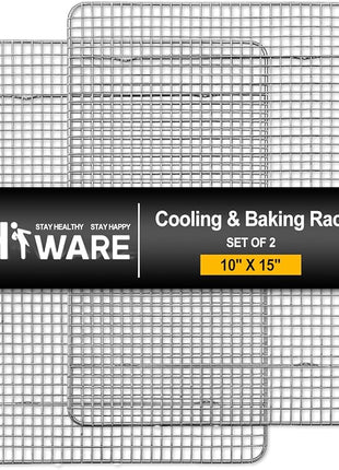 Hiware 2-Pack Cooling Racks for Baking - 10" x 15" - Stainless Steel Wire Cookie Rack Fits Jelly Roll Sheet Pan, Oven Safe for Cooking, Roasting, Grilling