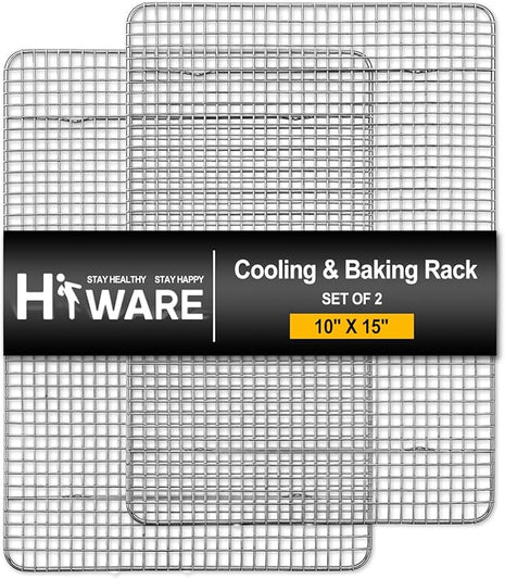Hiware 2-Pack Cooling Racks for Baking - 10" x 15" - Stainless Steel Wire Cookie Rack Fits Jelly Roll Sheet Pan, Oven Safe for Cooking, Roasting, Grilling