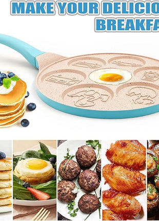 Dinosaur 7-Cup Egg Pan Omelet Pans Pancake Pan for Kids Nonstick Egg Cooker Cars Trucks Pancake Mold Egg Mold for Breakfast Sandwiches Hamburger
