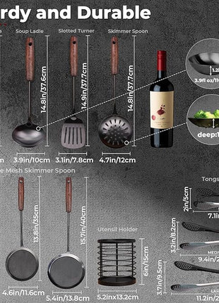 MARTE Kitchen Cooking Utensils Set,11 Pcs Black 18/10 Stainless Steel Cooking Spatula Set with Utensil Holder,Spatula,Serving Ladle, Skimmer Spoon,Slotted Tunner,Fine Mesh Skimmer Spoon,Cooking Tongs