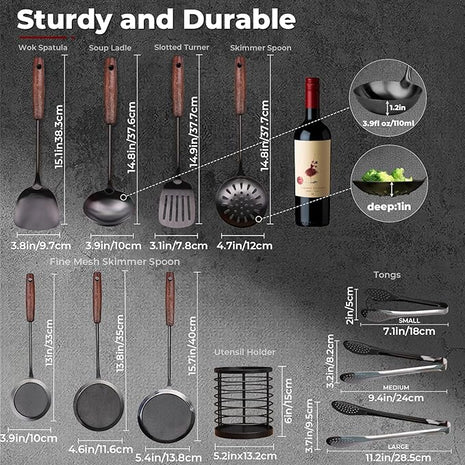 MARTE Kitchen Cooking Utensils Set,11 Pcs Black 18/10 Stainless Steel Cooking Spatula Set with Utensil Holder,Spatula,Serving Ladle, Skimmer Spoon,Slotted Tunner,Fine Mesh Skimmer Spoon,Cooking Tongs