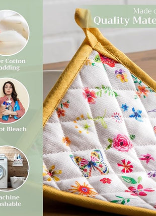 Maison d' Hermine Pot Holders Set 100% Cotton Heat Resistant Potholders 8" x 8" Hot Pads with Loop BBQ, Cooking, Grilling, Kitchen, Handling Hot Pans Spring/Summer (Pack of 2, Happy Florals - Sweety)