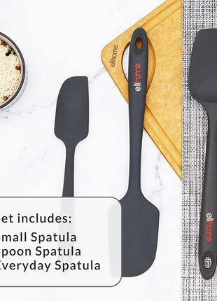 Elihome Chef Series 3 Piece Silicone Spatula Set - 600°F Heat Resistant Non Stick Rubber Kitchen Scraper Spatulas for Cooking, Baking, Mixing – BPA Free and LFGB Certified Silicone(Black)