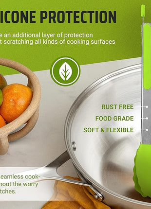 Kaluns Kitchen Tongs for Cooking Grilling Set of 4, BBQ Grill Tongs With Silicone Tip Stainless Steel Heat Resistant, Non-stick Pull Lock, Incl 7, 9, 12 Inch Tong Plus a Silicone Spatula