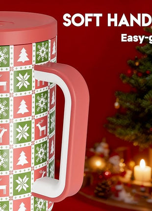 Meoky 40 oz Christmas Tumbler with Handle and Straw, Xmas Tumbler with Lid and Straw, Insulated Stainless Steel Travel Mug, Christmas Gifts for Women Men Adults (Ho Ho Reindeer)