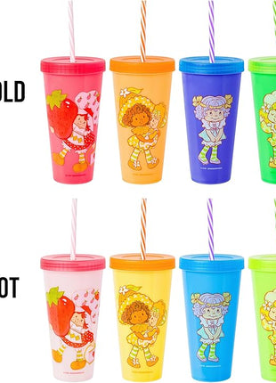 Silver Buffalo Strawberry Shortcake 4 Pack Color Change Plastic Tumbler Featuring Lemon Meringue, Orange Blossom, and Angel Cake, 24 Ounces