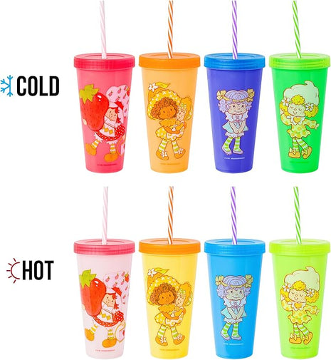 Silver Buffalo Strawberry Shortcake 4 Pack Color Change Plastic Tumbler Featuring Lemon Meringue, Orange Blossom, and Angel Cake, 24 Ounces