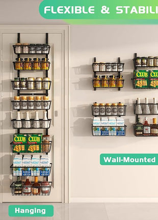 12 Inch Wide Narrow Over The Door Pantry Organizer, Pantry Organization and Storage, Black 8-Tier Metal Hanging Deep Basket Wall Spice Rack Seasoning Shelves, Home & Kitchen Essentials