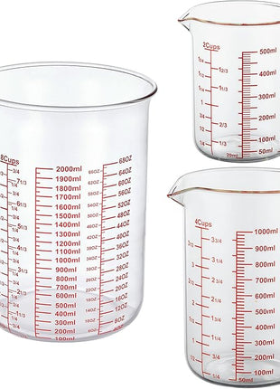 3 Piece Glass Measuring Cup Set, Includes 2-Cup, 4-Cup, and 8-Cup High Borosilicate Glasss Liquid Measuring Cups, Dishwasher, Freezer, Microwave, and Preheated Oven Safe, Essential Kitchen Tools